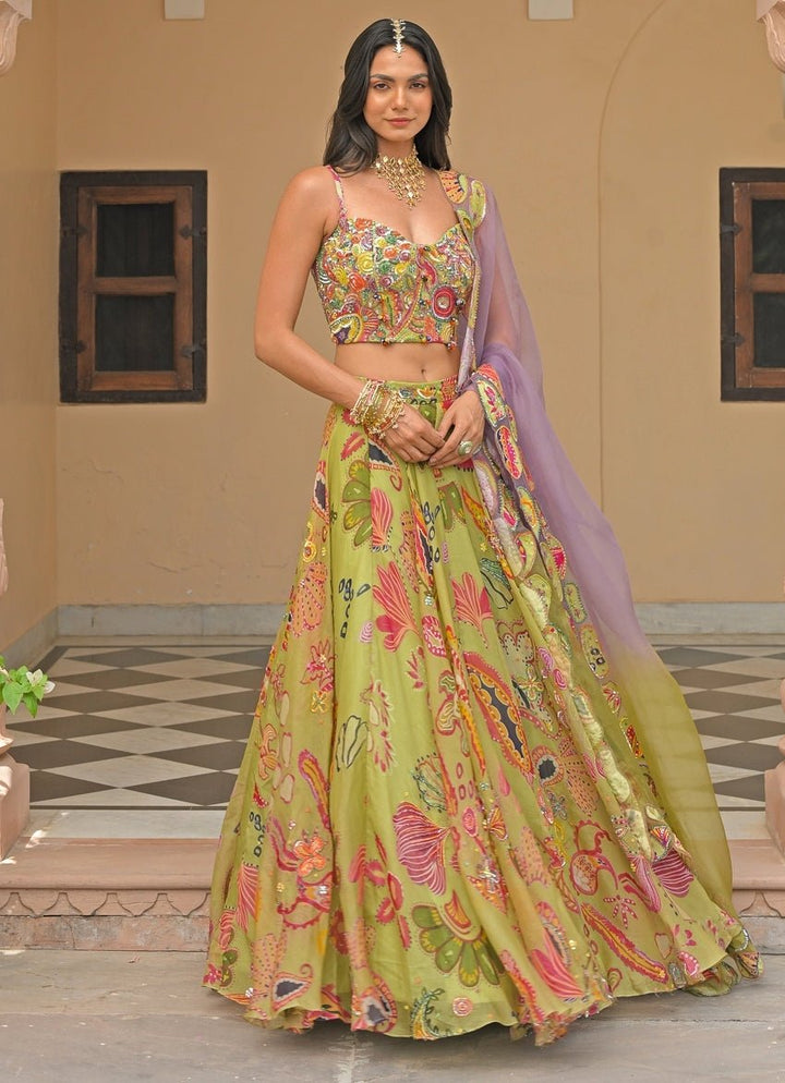 Juhi Bengani Green And Lavender Organza Corset Lehenga SetFabilicious Fashion
