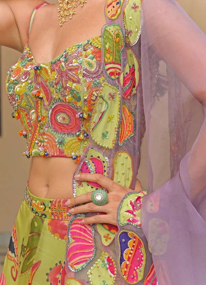 Juhi Bengani Green And Lavender Organza Corset Lehenga SetFabilicious Fashion