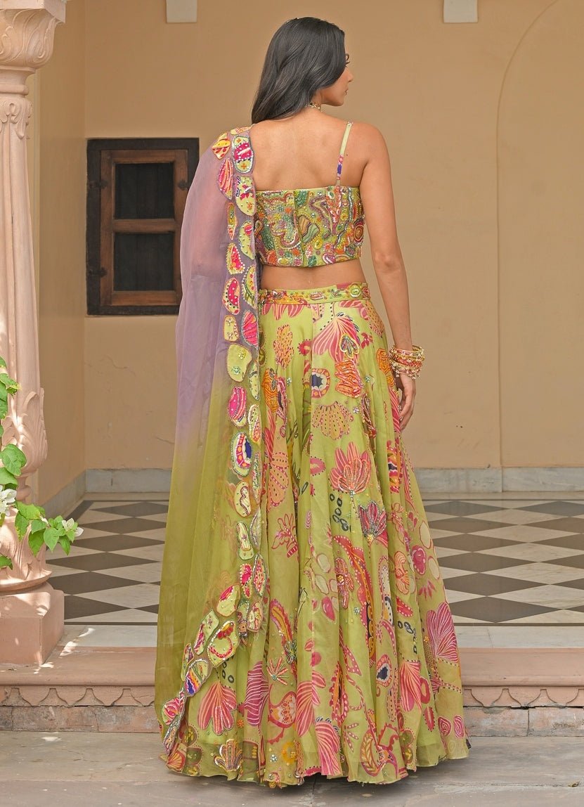Juhi Bengani Green And Lavender Organza Corset Lehenga SetFabilicious Fashion