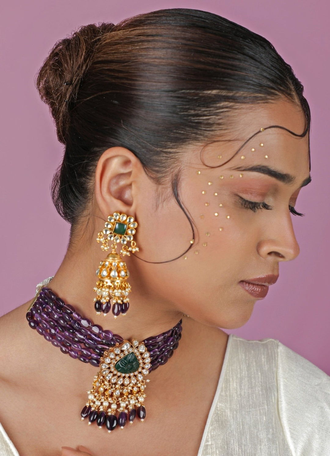 Riana Jewellery Green And Lilac Matte Gold Choker SetFabilicious Fashion
