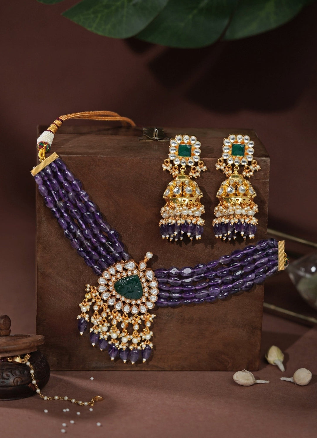 Riana Jewellery Green And Lilac Matte Gold Choker SetFabilicious Fashion