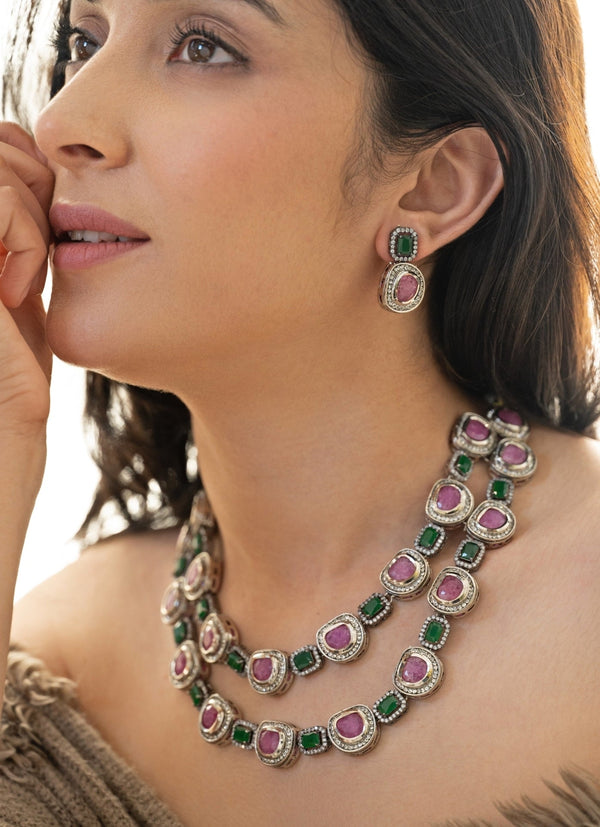 Green And Lilac Purple Necklace Set