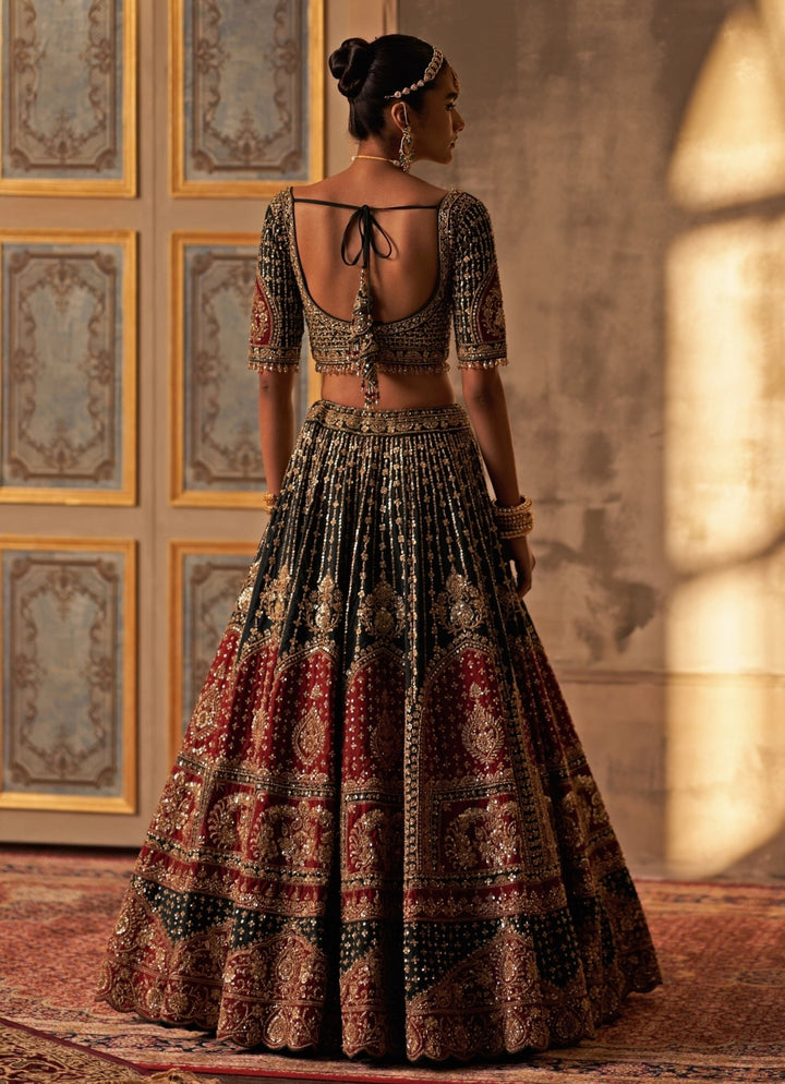 Angad Singh Green And Maroon Red Raw Silk Double Dupatta Lehenga SetFabilicious Fashion