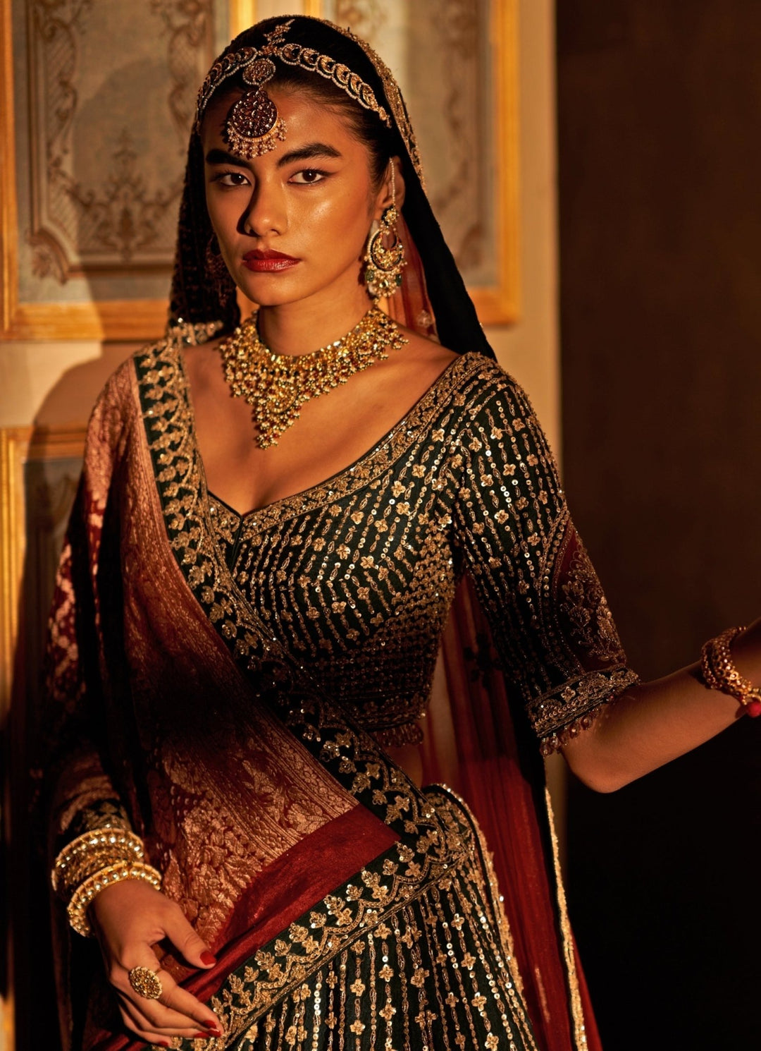 Angad Singh Green And Maroon Red Raw Silk Double Dupatta Lehenga SetFabilicious Fashion