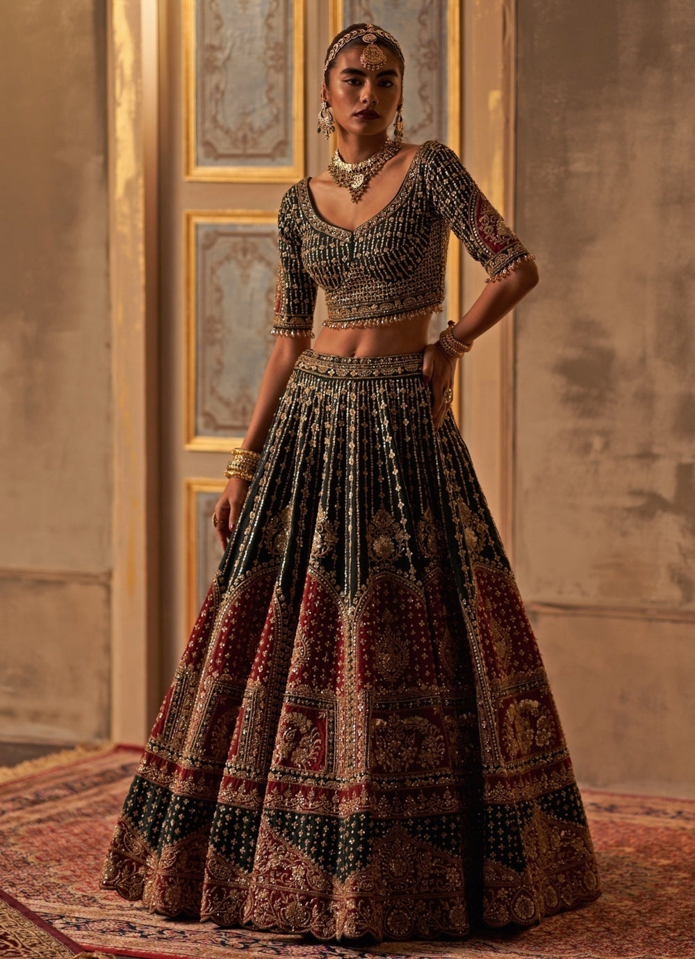 Green And Maroon Red Raw Silk Double Dupatta Lehenga Set Angad Singh - Fabilicious Fashion