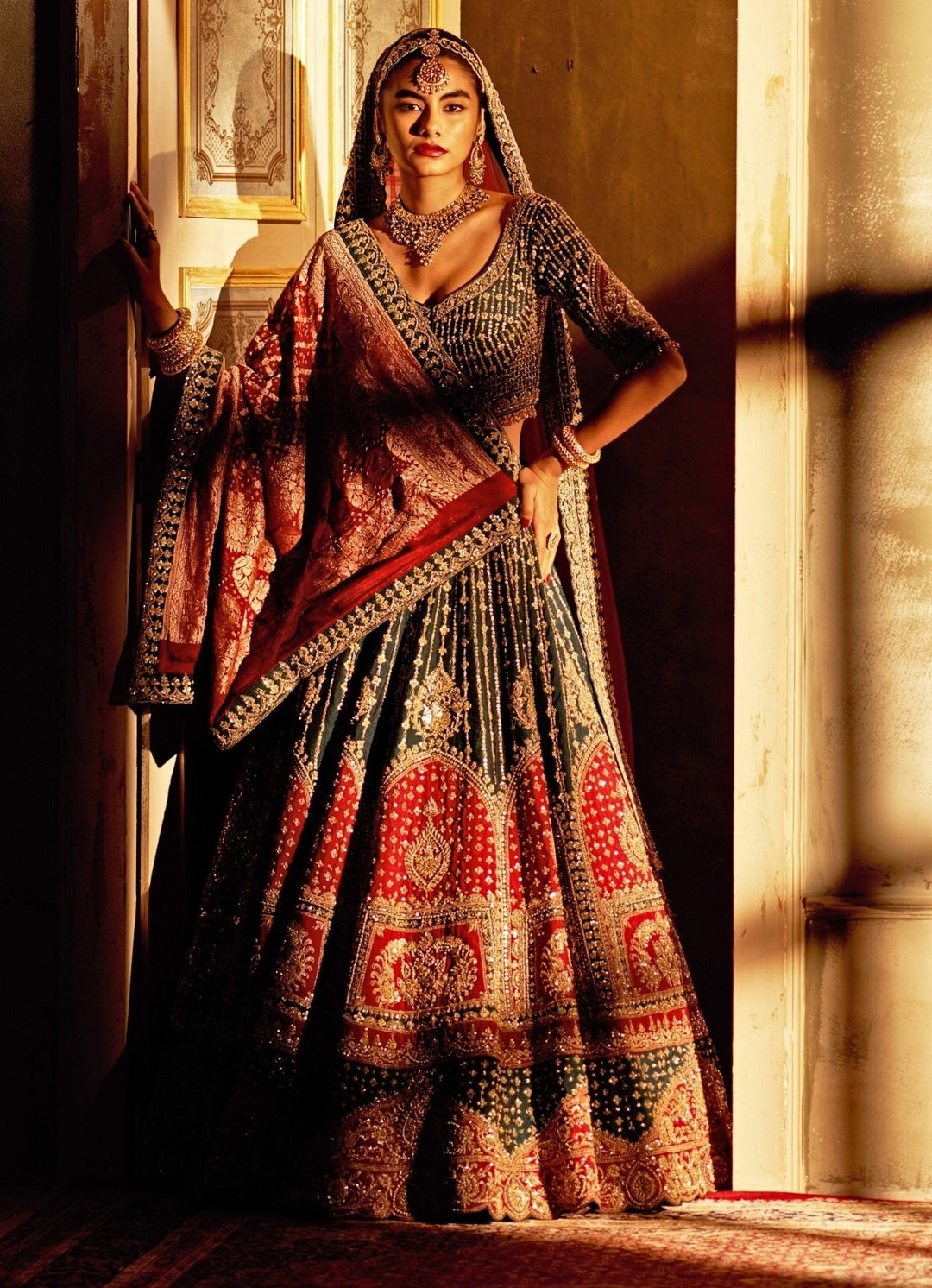 Green And Maroon Red Raw Silk Double Dupatta Lehenga Set Angad Singh - Fabilicious Fashion