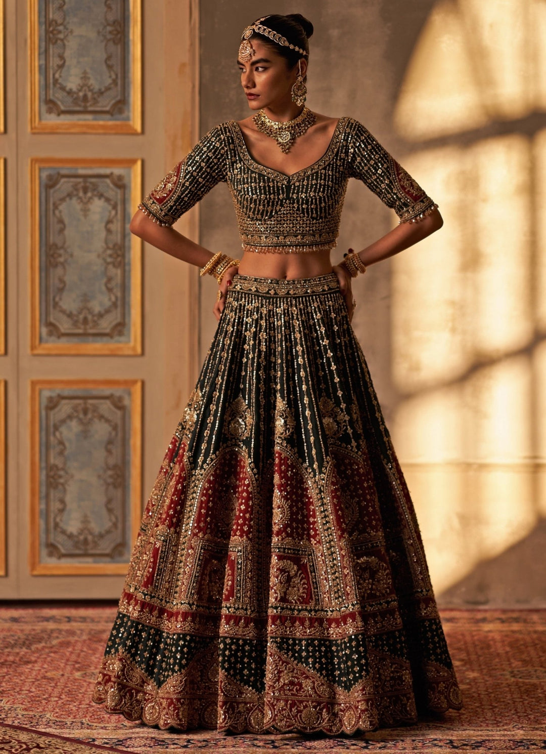 Angad Singh Green And Maroon Red Raw Silk Double Dupatta Lehenga SetFabilicious Fashion