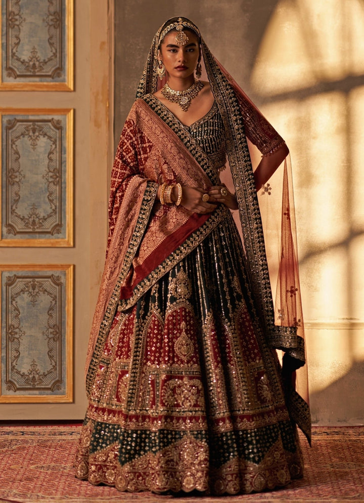 Angad Singh Green And Maroon Red Raw Silk Double Dupatta Lehenga SetFabilicious Fashion