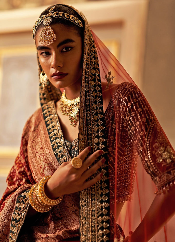 Angad Singh Green And Maroon Red Raw Silk Double Dupatta Lehenga SetFabilicious Fashion