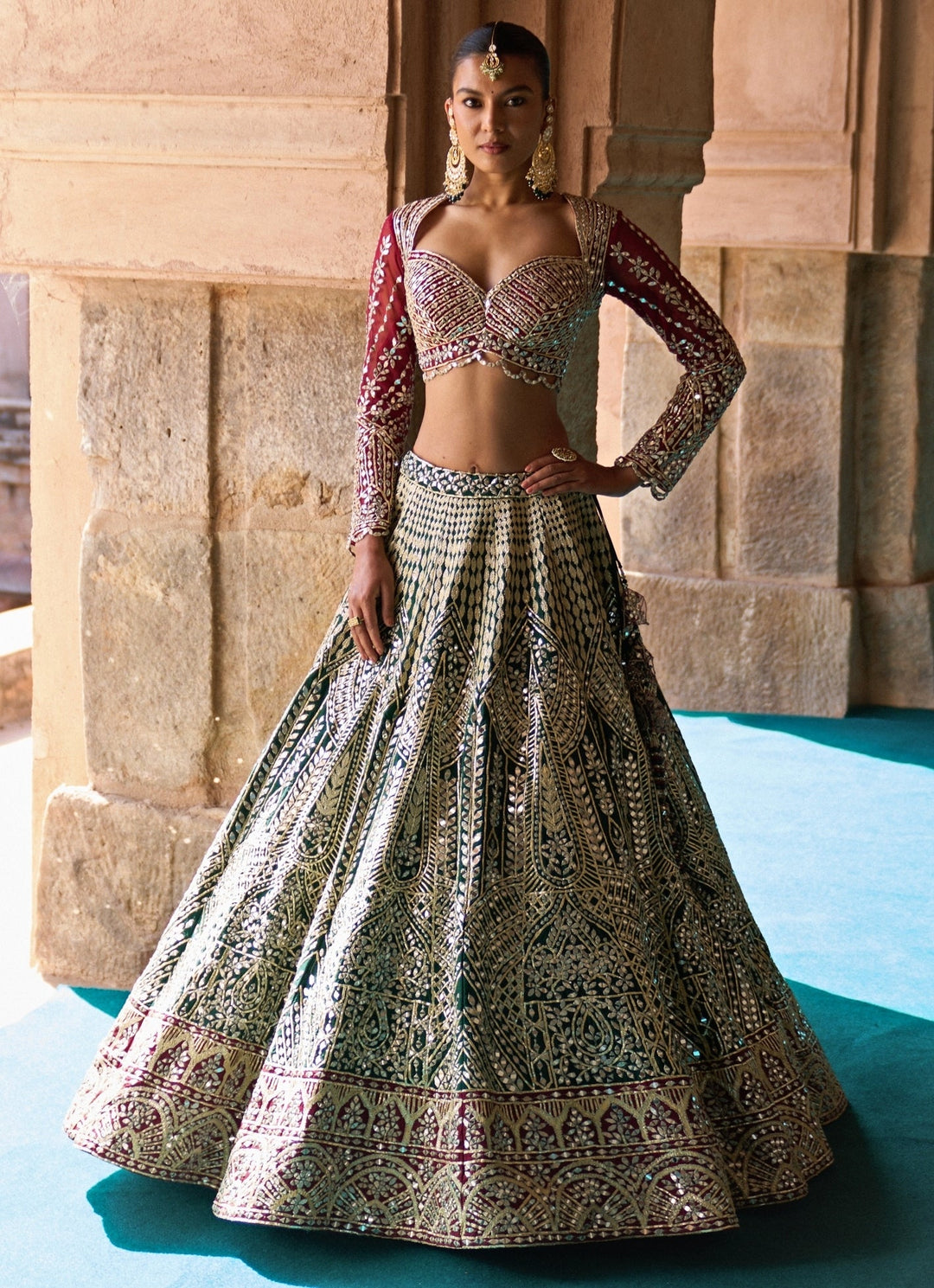 Angad Singh Green And Maroon Red Raw Silk Lehenga SetFabilicious Fashion