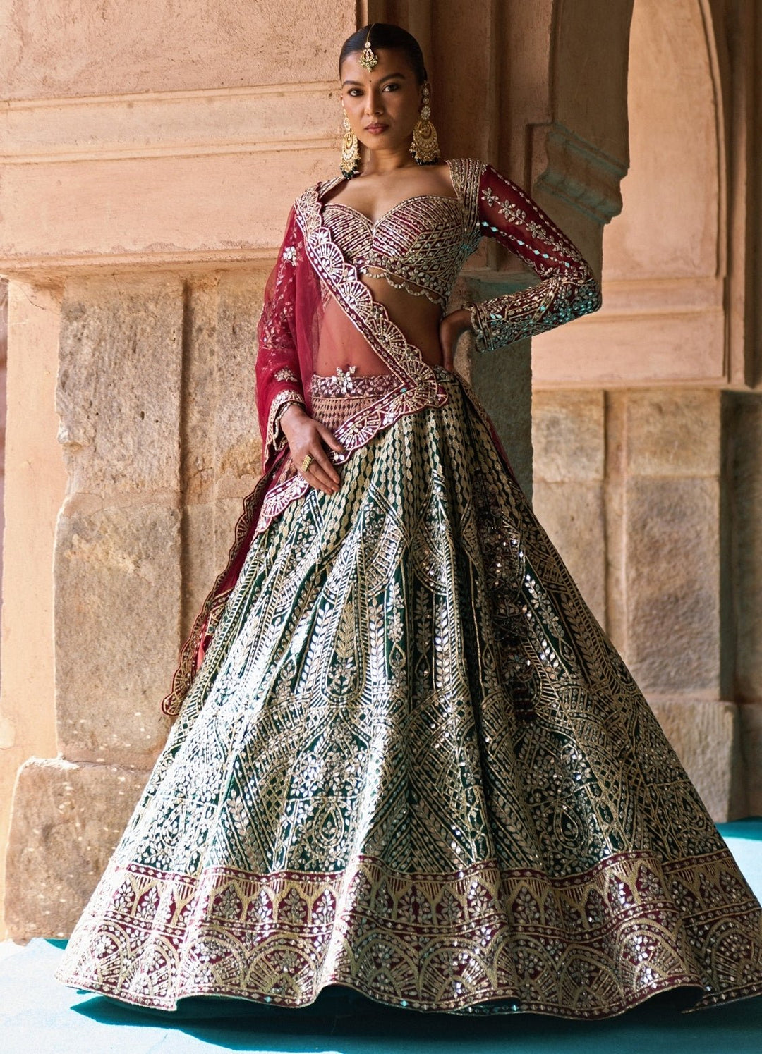 Angad Singh Green And Maroon Red Raw Silk Lehenga SetFabilicious Fashion