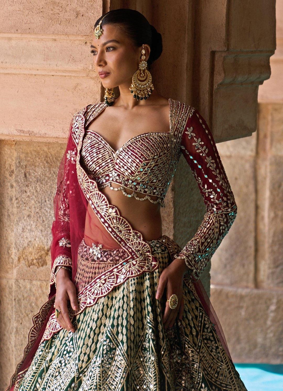 Angad Singh Green And Maroon Red Raw Silk Lehenga SetFabilicious Fashion