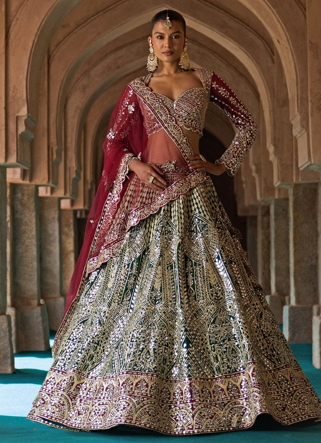 Angad Singh Green And Maroon Red Raw Silk Lehenga SetFabilicious Fashion