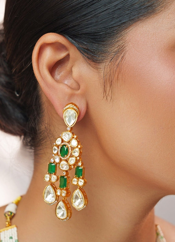 Green And Moissanite Stone Gold Long Necklace Set Zevar by Geeta - Fabilicious Fashion