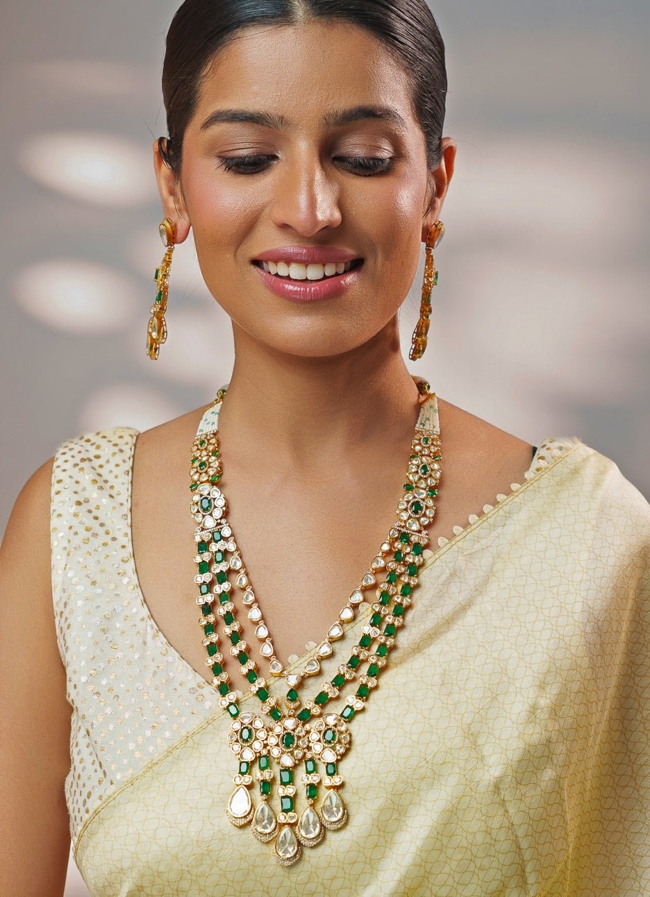 Green And Moissanite Stone Gold Long Necklace Set Zevar by Geeta - Fabilicious Fashion