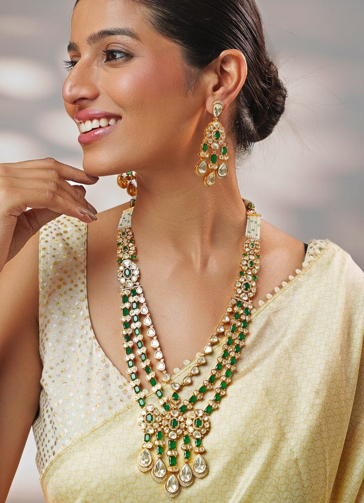 Green And Moissanite Stone Gold Long Necklace Set Zevar by Geeta - Fabilicious Fashion