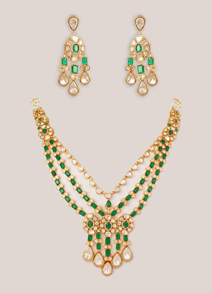 Green And Moissanite Stone Gold Long Necklace Set Zevar by Geeta - Fabilicious Fashion