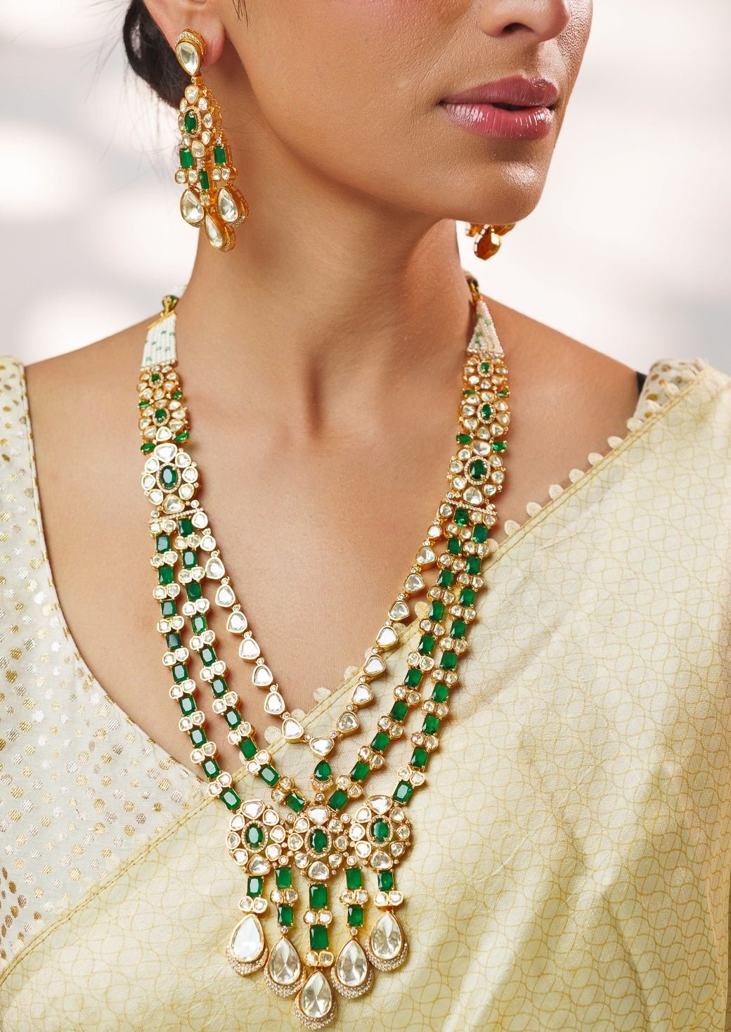 Green And Moissanite Stone Gold Long Necklace Set Zevar by Geeta - Fabilicious Fashion