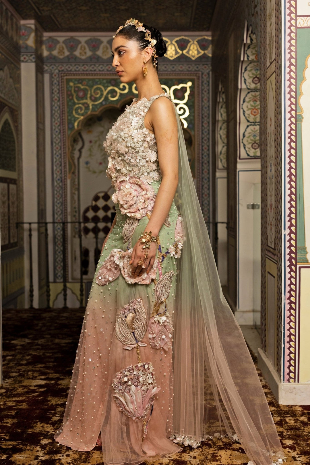 Moledro Green And Pink Embroidered Net Drape GownFabilicious Fashion