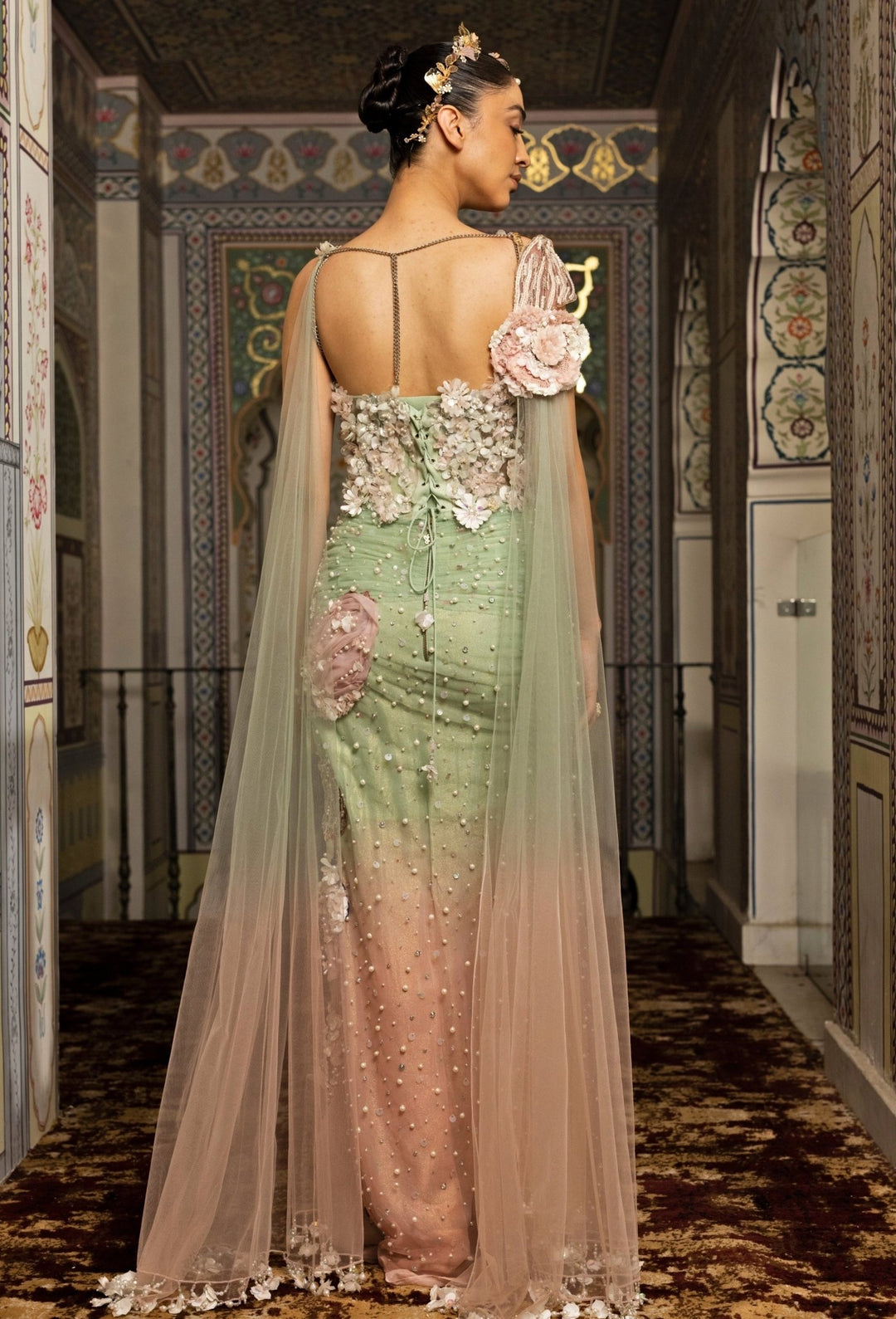 Moledro Green And Pink Embroidered Net Drape GownFabilicious Fashion