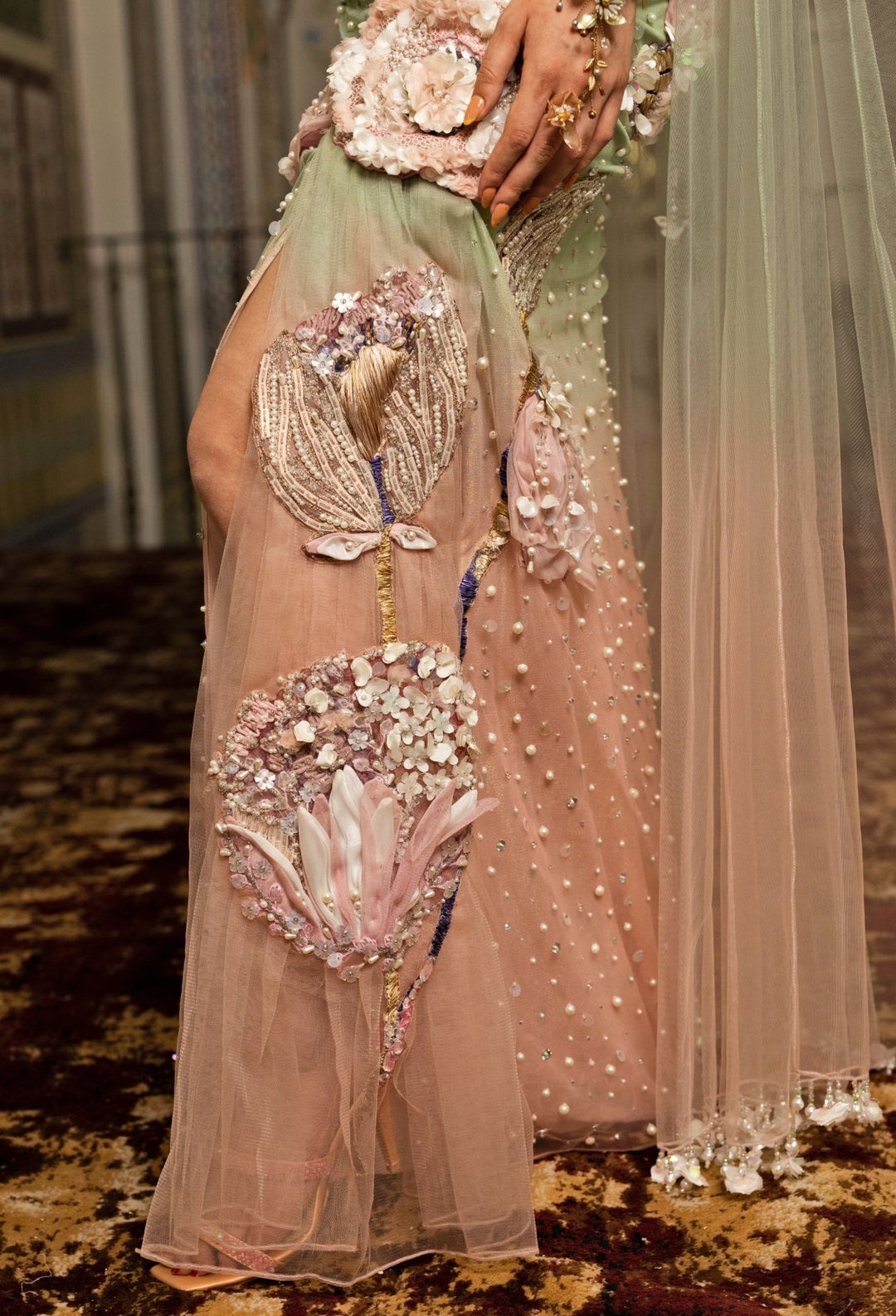 Moledro Green And Pink Embroidered Net Drape GownFabilicious Fashion