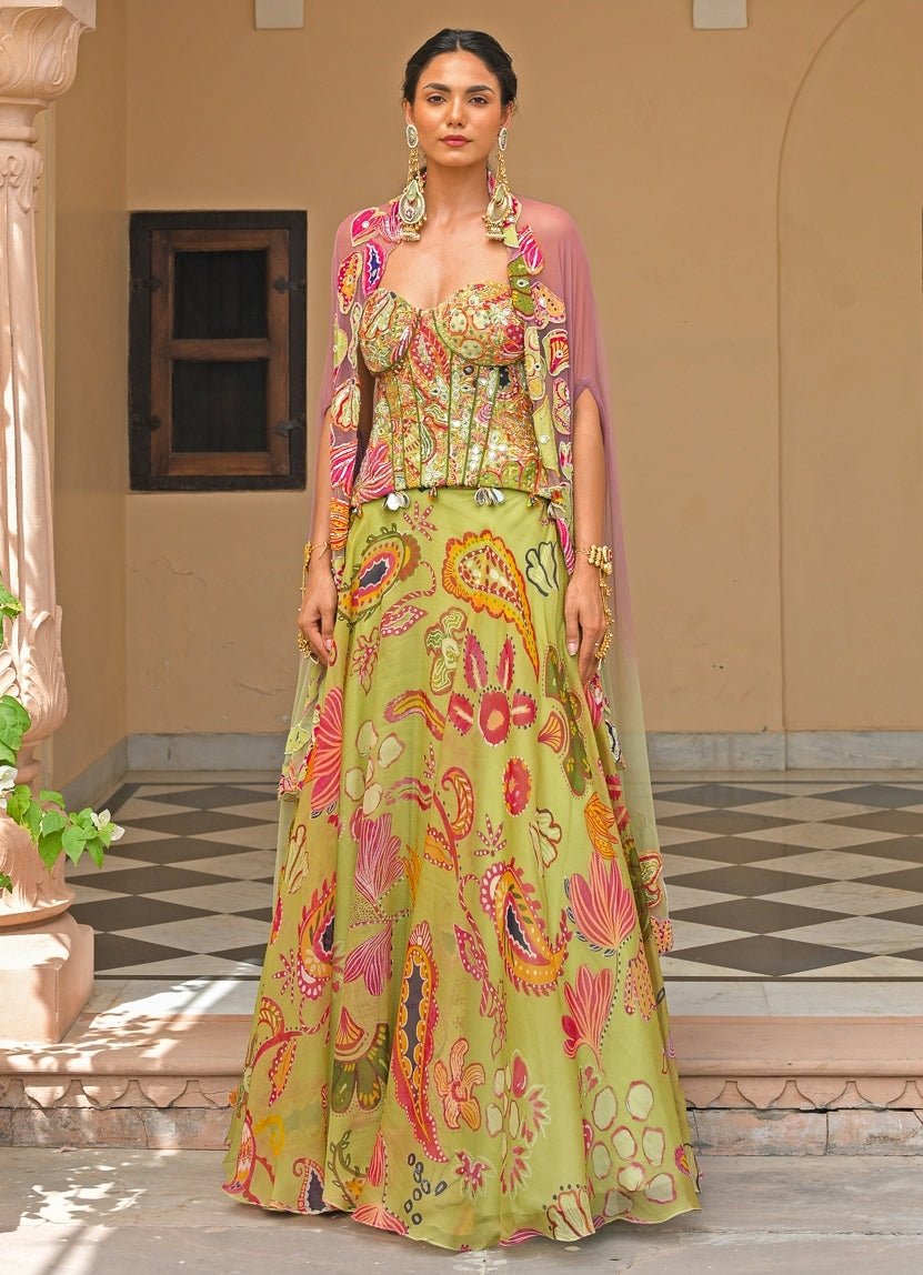 Green And Pink Organza Corset Lehenga Set With Cape Juhi Bengani - Fabilicious Fashion