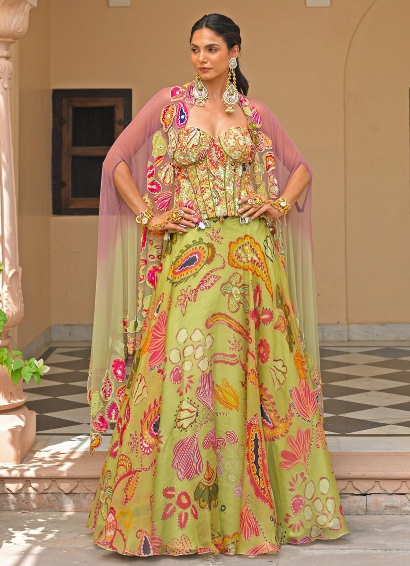 Juhi Bengani Green And Pink Organza Corset Lehenga Set With CapeFabilicious Fashion