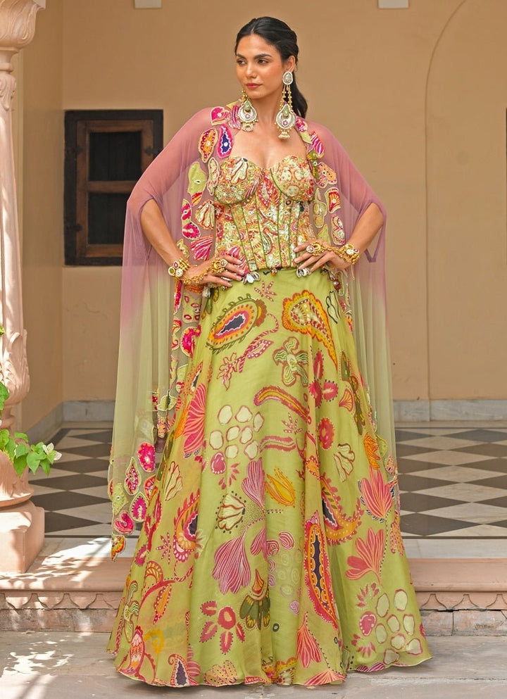 Juhi Bengani Green And Pink Organza Corset Lehenga Set With CapeFabilicious Fashion