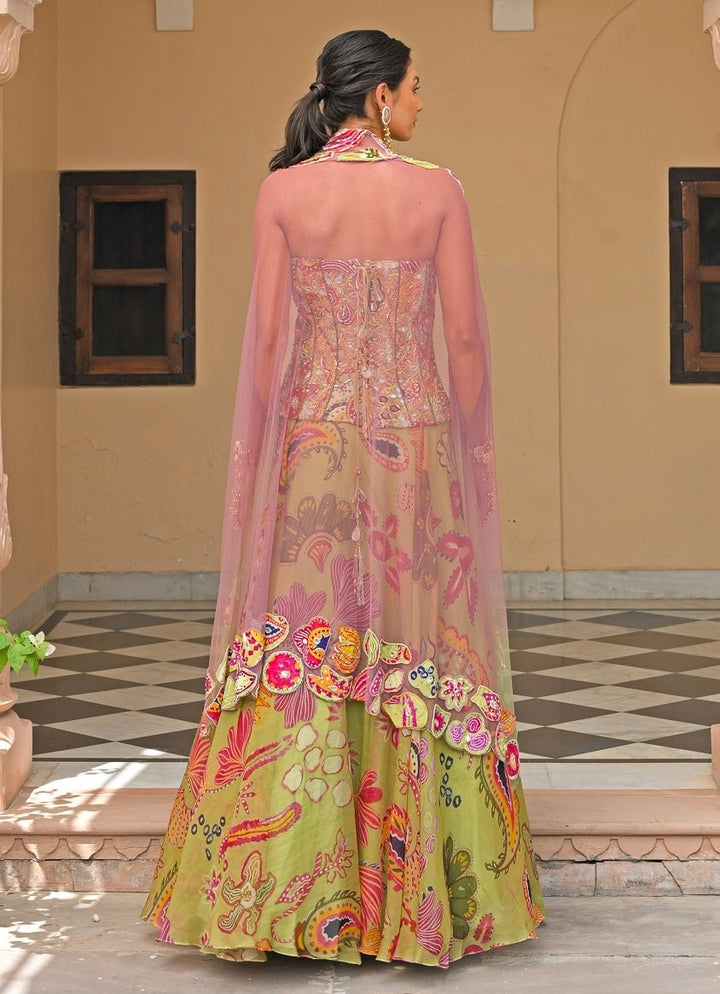 Juhi Bengani Green And Pink Organza Corset Lehenga Set With CapeFabilicious Fashion