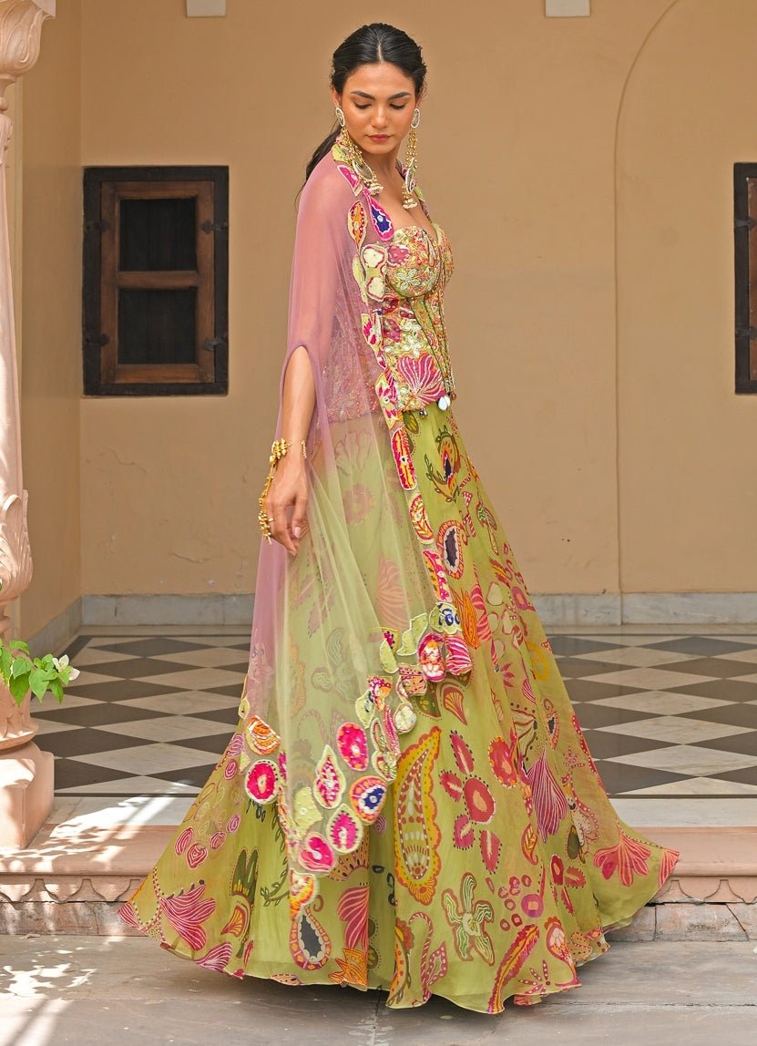 Juhi Bengani Green And Pink Organza Corset Lehenga Set With CapeFabilicious Fashion