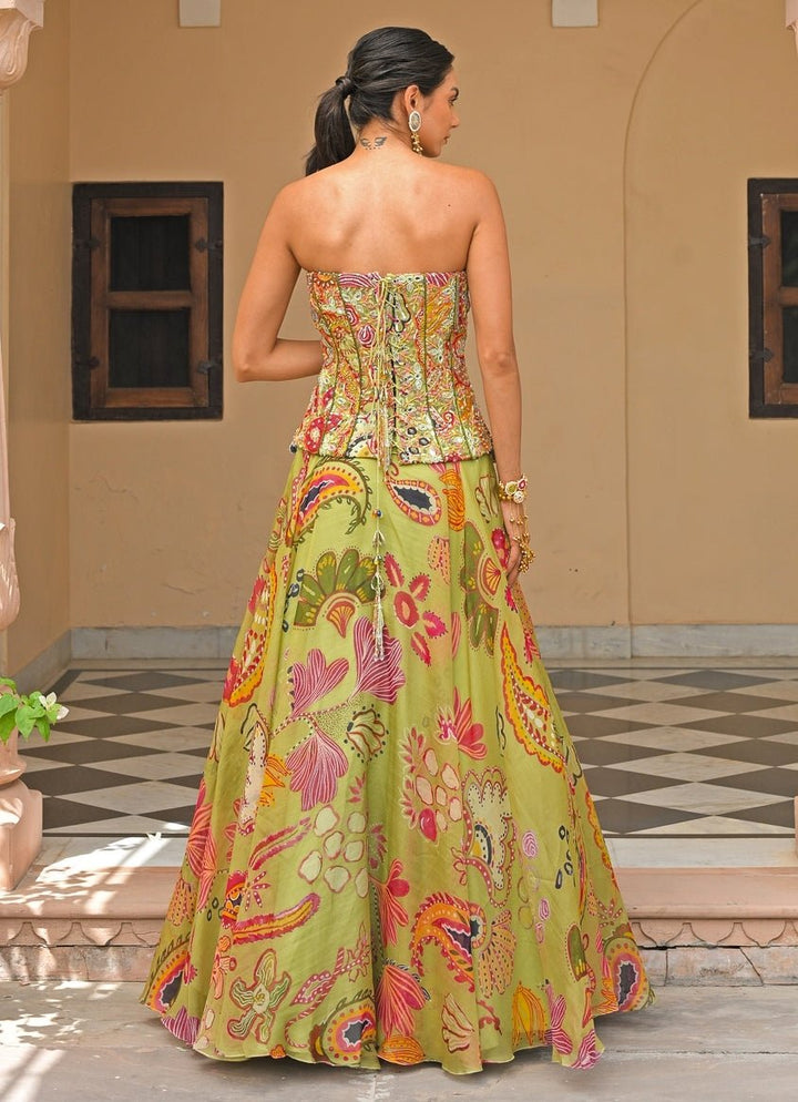 Juhi Bengani Green Printed Organza Corset Lehenga SetFabilicious Fashion