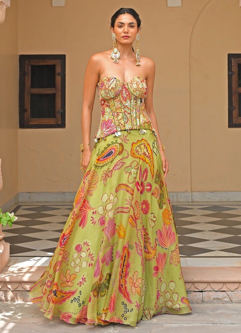 Juhi Bengani Green Printed Organza Corset Lehenga SetFabilicious Fashion