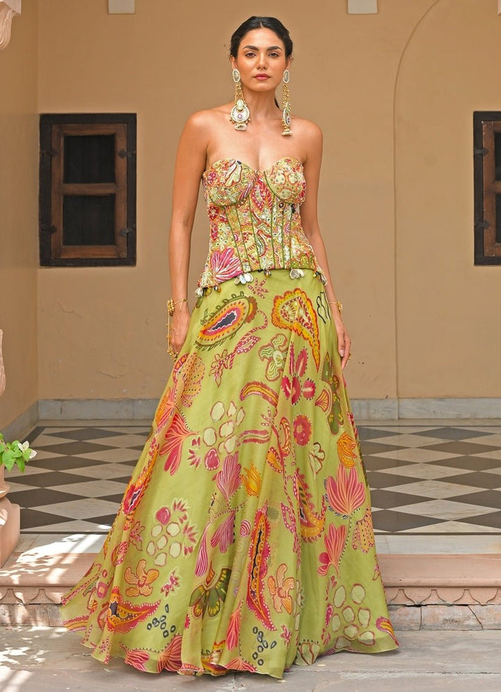 Juhi Bengani Green Printed Organza Corset Lehenga SetFabilicious Fashion