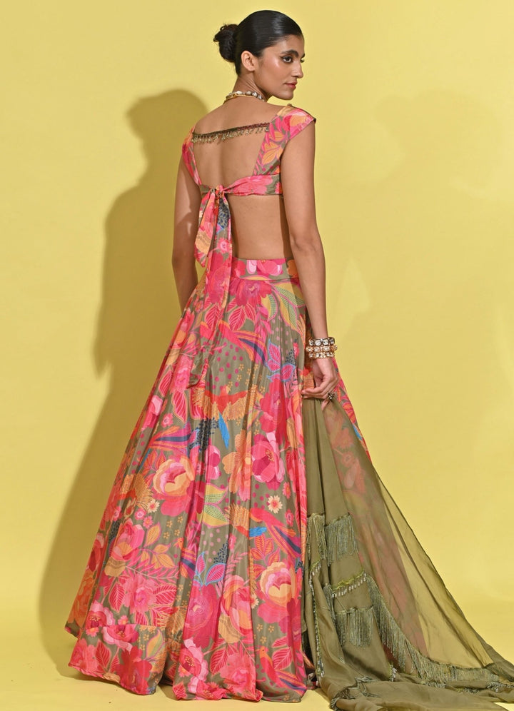 Rishi And Vibhuti Green And Pink Printed Crepe Lehenga SetFabilicious Fashion