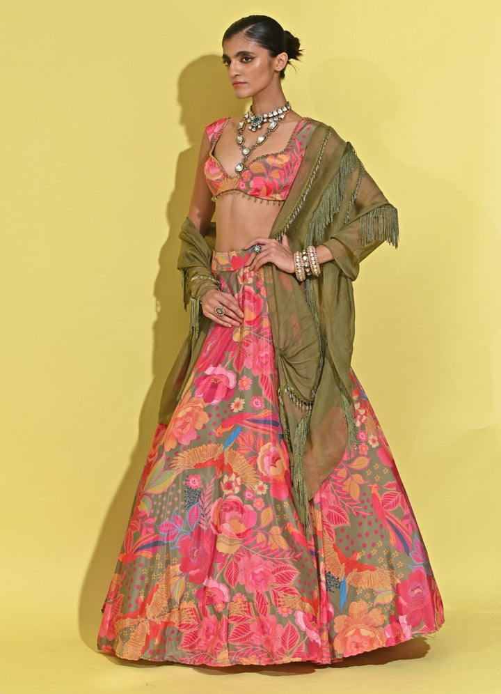 Rishi And Vibhuti Green And Pink Printed Crepe Lehenga SetFabilicious Fashion