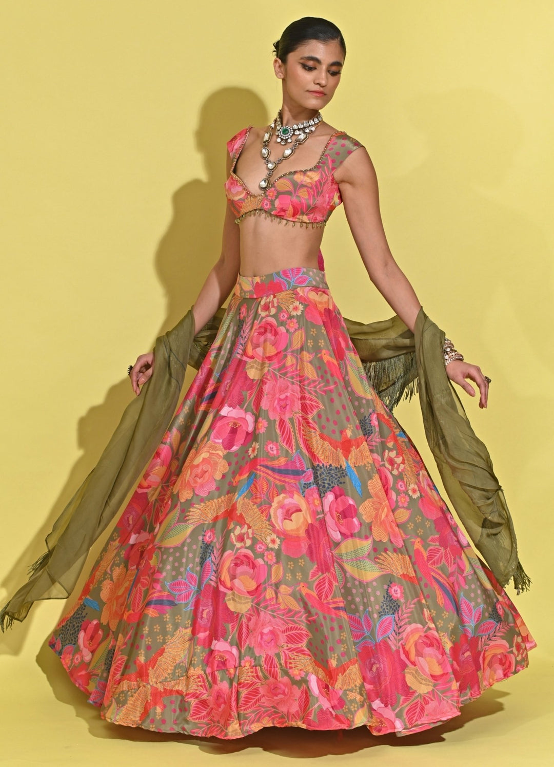 Rishi And Vibhuti Green And Pink Printed Crepe Lehenga SetFabilicious Fashion