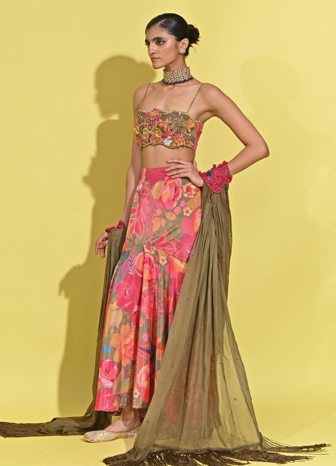 Rishi And Vibhuti Green And Pink Printed Crepe Pencil Skirt SetFabilicious Fashion