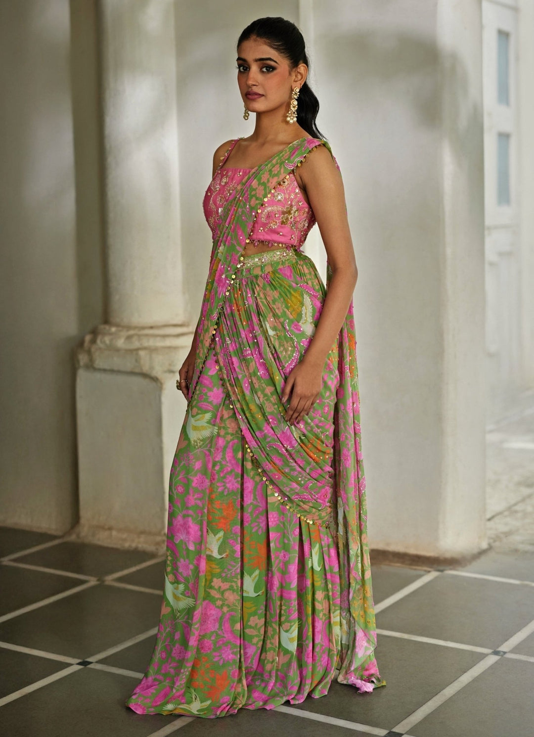 Green And Pink Printed Georgette Predraped Saree Paulmi and Harsh - Fabilicious Fashion