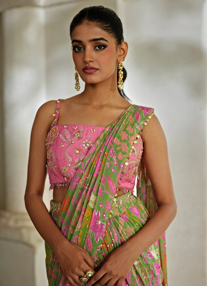 Green And Pink Printed Georgette Predraped Saree Paulmi and Harsh - Fabilicious Fashion