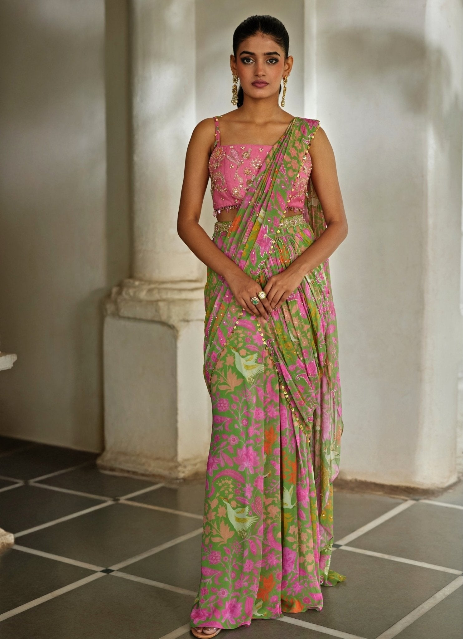 Green and pink printed pre-draped saree — mehendi wedding guest outfit