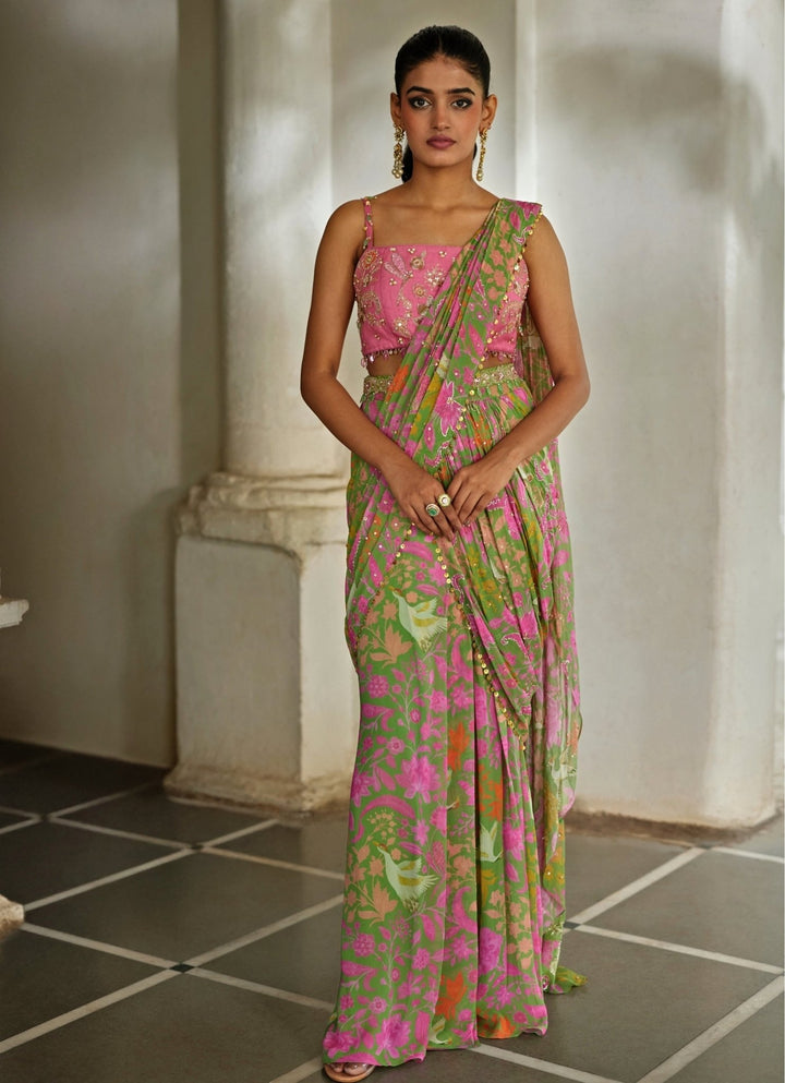 Green And Pink Printed Georgette Predraped Saree Paulmi and Harsh - Fabilicious Fashion