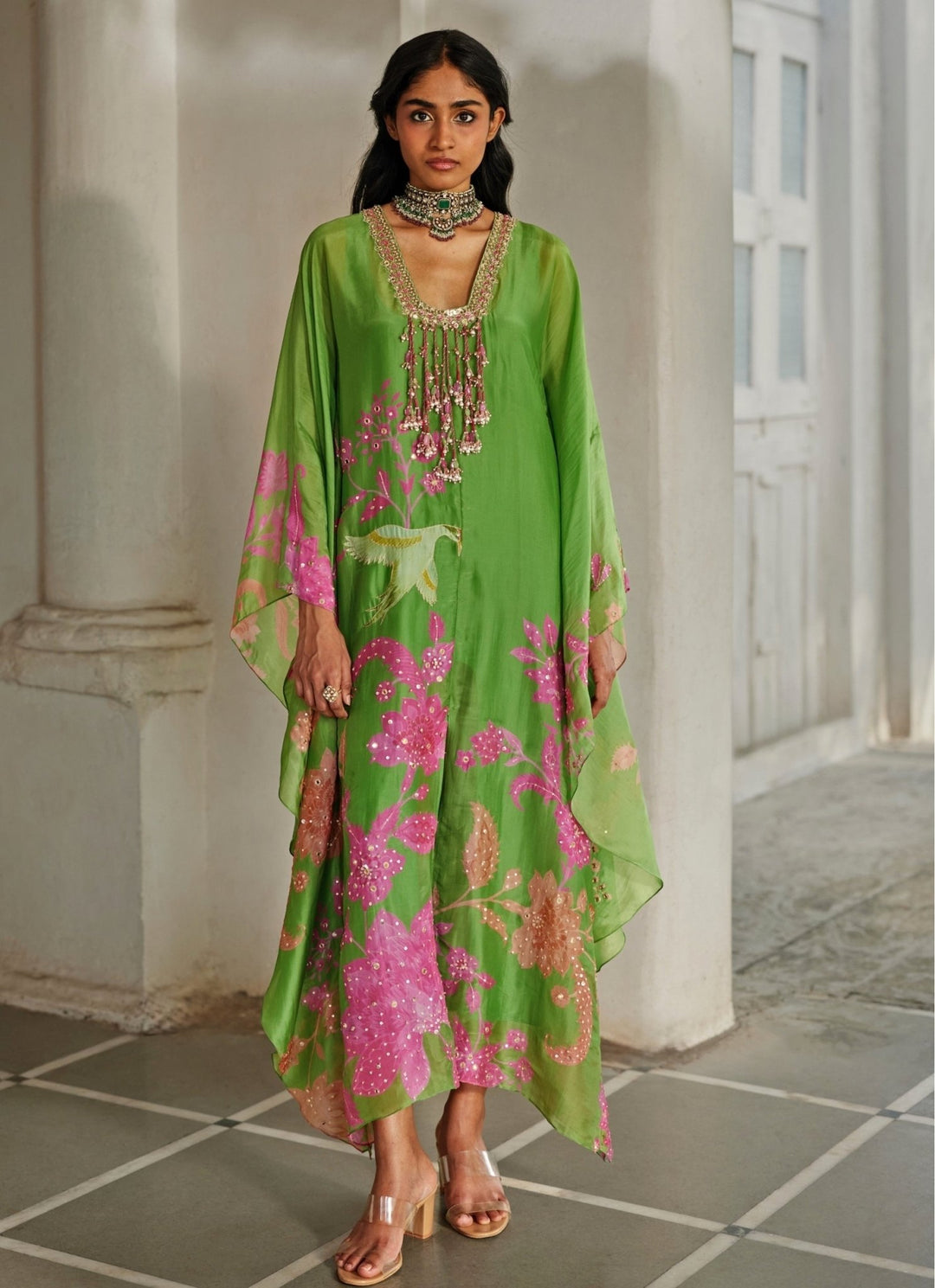 Green And Pink Printed Silk Organza Kaftan Set Paulmi and Harsh - Fabilicious Fashion