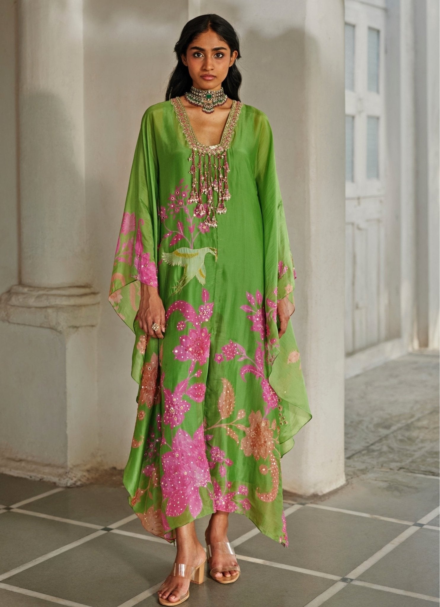 Green and pink printed silk organza kaftan set Paulmi and Harsh — pool party indo-western look