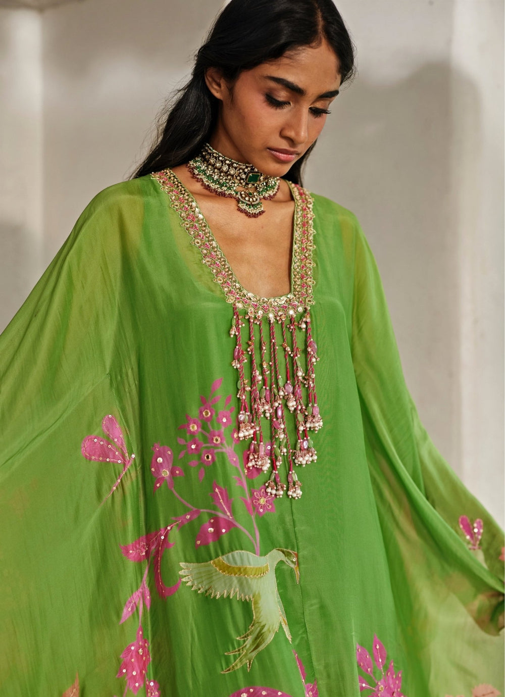 Green And Pink Printed Silk Organza Kaftan Set Paulmi and Harsh - Fabilicious Fashion