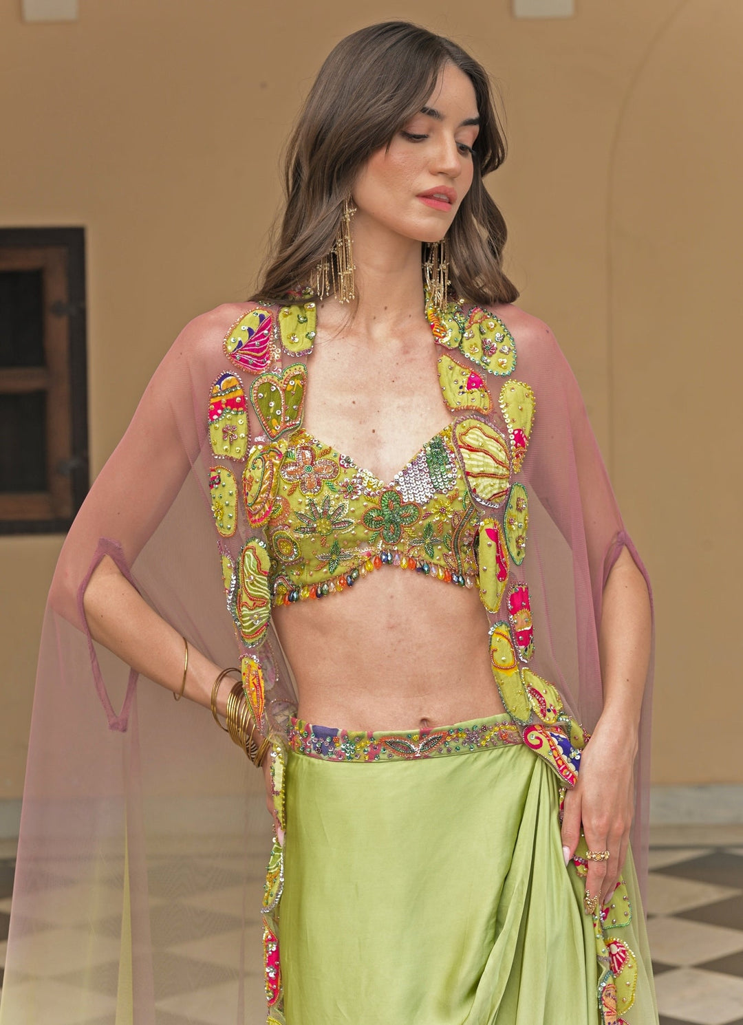 Juhi Bengani Green And Pink Satin Cowl Skirt Set With CapeFabilicious Fashion