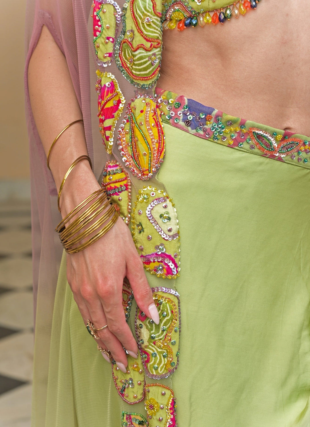 Juhi Bengani Green And Pink Satin Cowl Skirt Set With CapeFabilicious Fashion