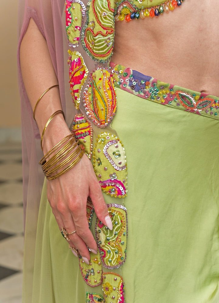Juhi Bengani Green And Pink Satin Cowl Skirt Set With CapeFabilicious Fashion
