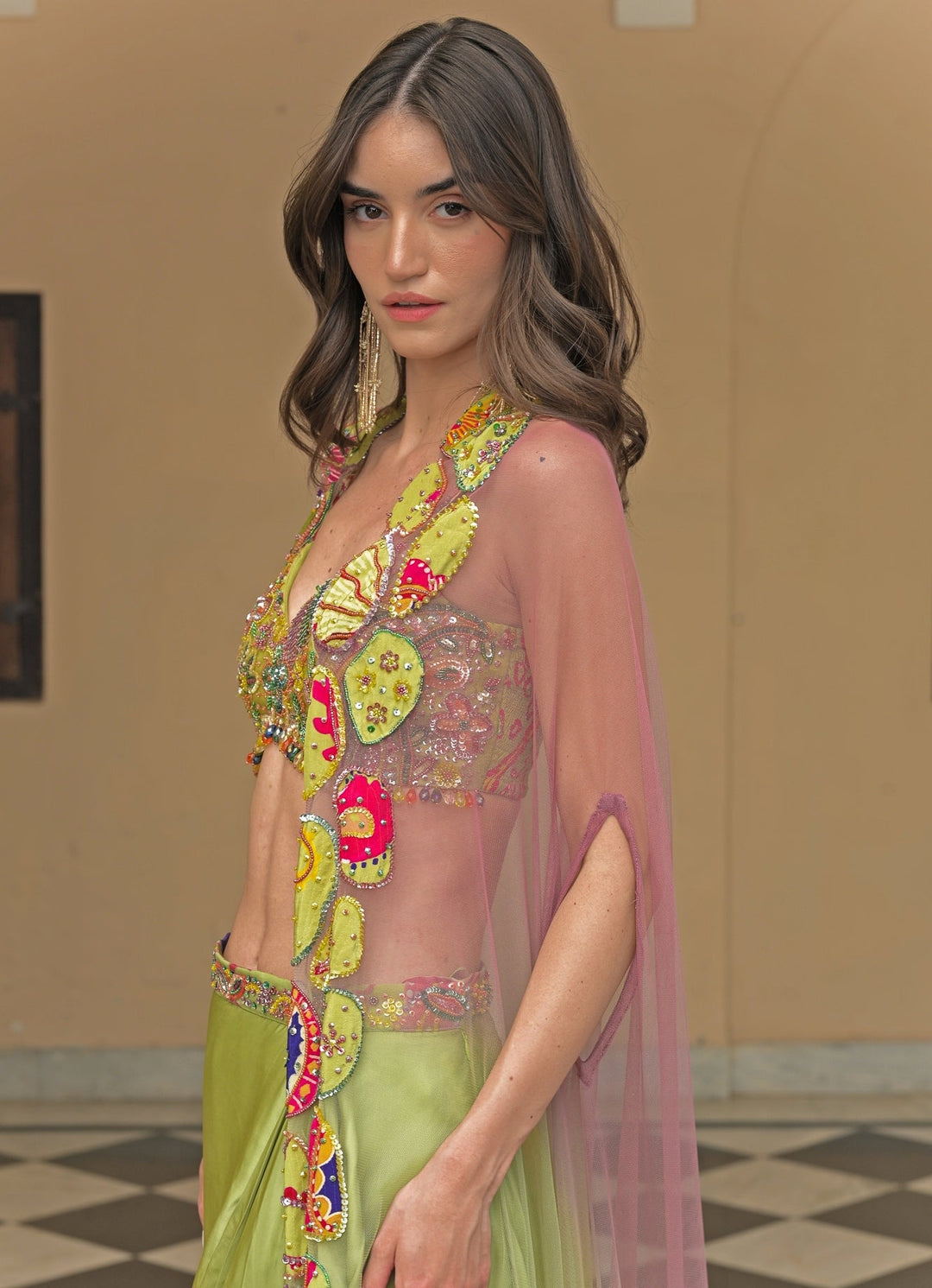 Juhi Bengani Green And Pink Satin Cowl Skirt Set With CapeFabilicious Fashion