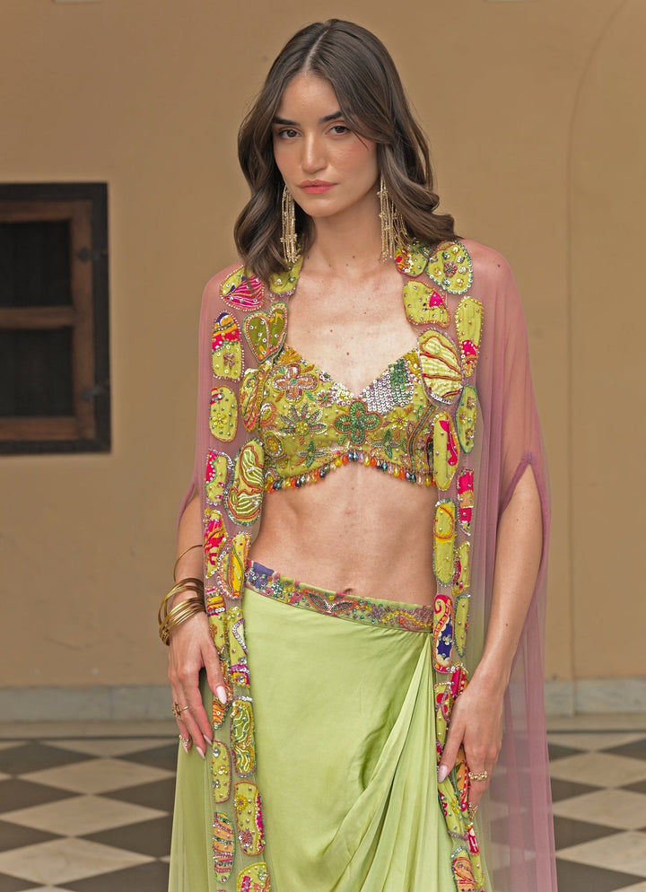 Juhi Bengani Green And Pink Satin Cowl Skirt Set With CapeFabilicious Fashion