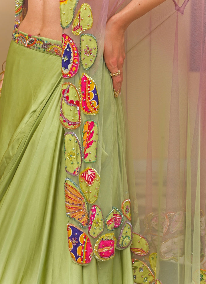 Juhi Bengani Green And Pink Satin Cowl Skirt Set With CapeFabilicious Fashion